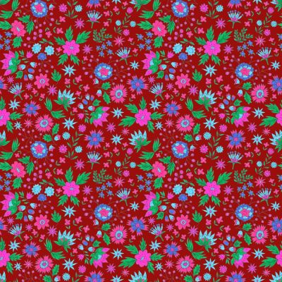 Tissu Coton imprimé Fleuris Lya sur fond Bordeaux - Par 10 cm