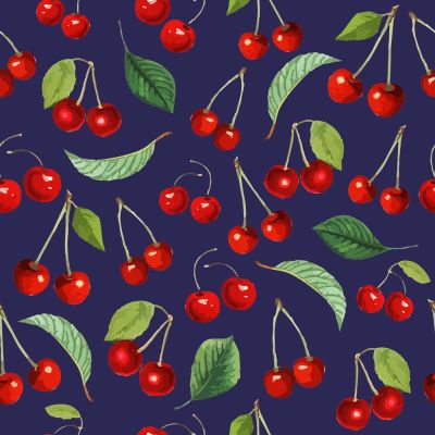 Tissu Coton imprimé Cerises rouges et feuilles vertes sur fond Bleu marine - Par 10 cm