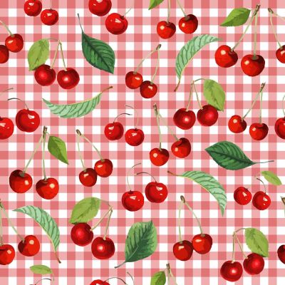 Tissu Coton imprimé Vichy rose et cerises sur fond Blanc - Par 10 cm