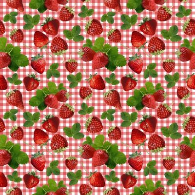 Tissu Coton imprimé Vichy rouge et fraises sur fond Blanc - Par 10 cm