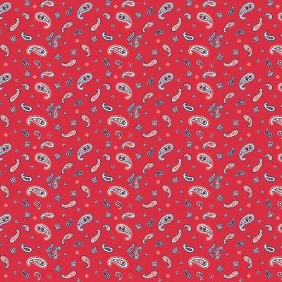 Tissu Coton imprimé Bandana blanc et rouge sur fond Rouge - Par 10 cm
