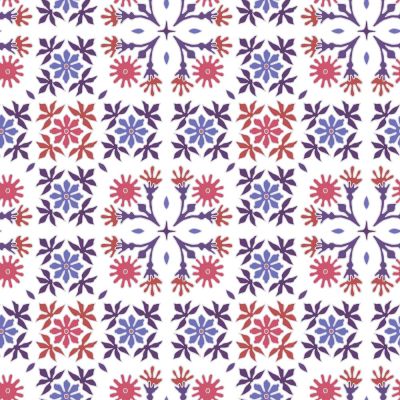 Tissu Coton imprimé Carreaux de ciment violet et parme sur fond Blanc - Par 10 cm