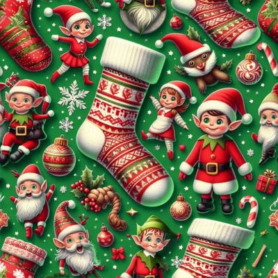 Tissu Coton imprimé Petits lutins sur fond Vert - Par 10 cm