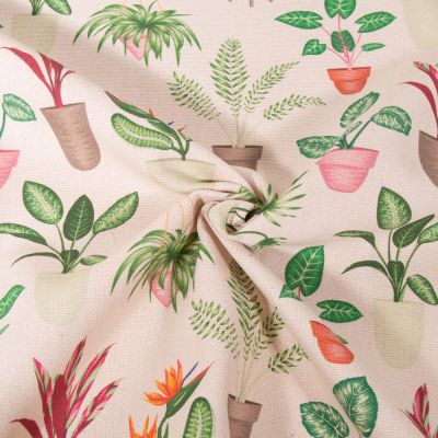 Tissu Toile de Coton aspect lin Plantes sur fond Naturel - Par 10 cm