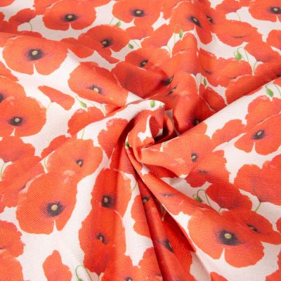 Tissu Toile de Coton aspect lin Coquelicot rouge sur fond Naturel - Par 10 cm