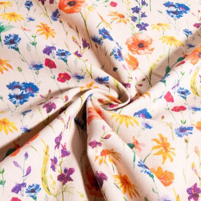 Tissu Toile de Coton aspect lin Fleuris sur fond Naturel - Par 10 cm
