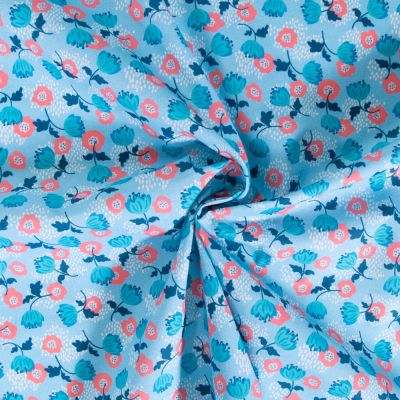 Tissu Coton imprimé Fleuris Jules sur fond Bleu - Par 10 cm