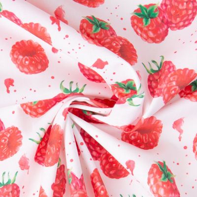 Tissu Coton imprimé Framboises sur fond Blanc - Par 10 cm