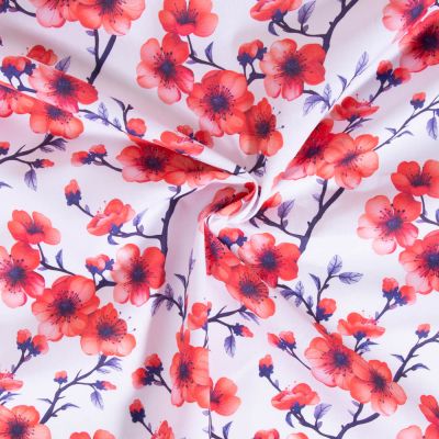 Tissu Coton imprimé Branches de cerisier sur fond Blanc - Par 10 cm