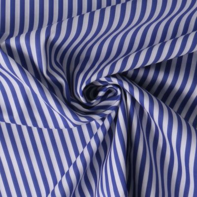 Tissu Coton imprimé  rayé Lisalou sur fond Bleu denim - Par 10 cm
