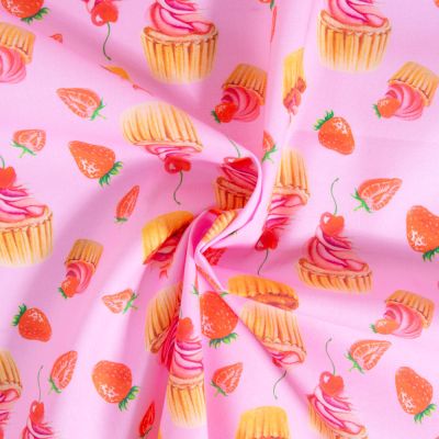 Tissu Coton imprimé Dessert fraise sur fond Rose - Par 10 cm