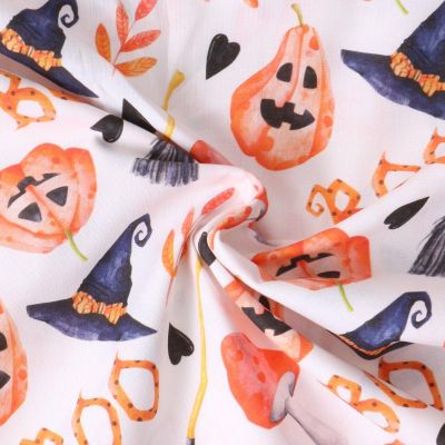Tissu Coton imprimé  Pumpkinou motifs d&#039;halloween sur fond Blanc - Par 10 cm
