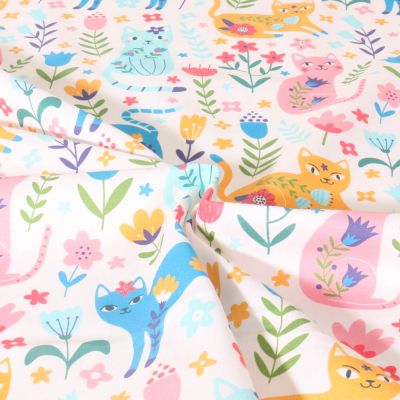 Tissu Coton imprimé Jardin des Chats sur fond Blanc - Par 10 cm