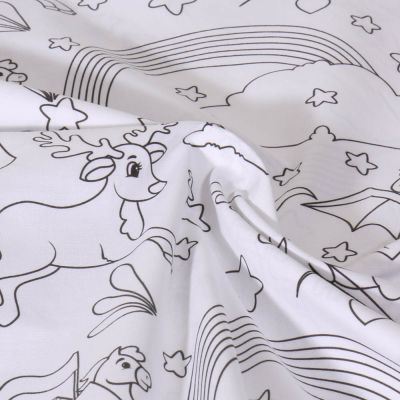 Tissu Coton à colorier Animaux  et étoiles sur fond Blanc - Par 10 cm