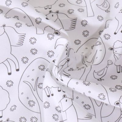 Tissu Coton à colorier Animaux et fleurs sur fond Blanc - Par 10 cm