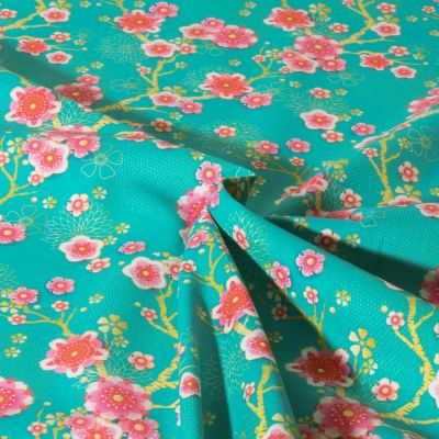 Tissu Coton imprimé Hanami Menthe Fleuris sur fond Bleu turquoise - Par 10 cm