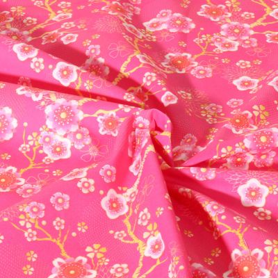 Tissu Coton imprimé Hanami Sakura Fleuris sur fond Rose fuchsia - Par 10 cm