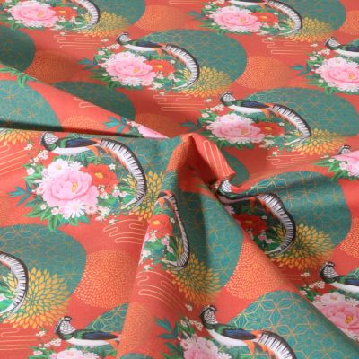 Tissu Coton imprimé Fleurs en panier vert sur fond Corail - Par 10 cm