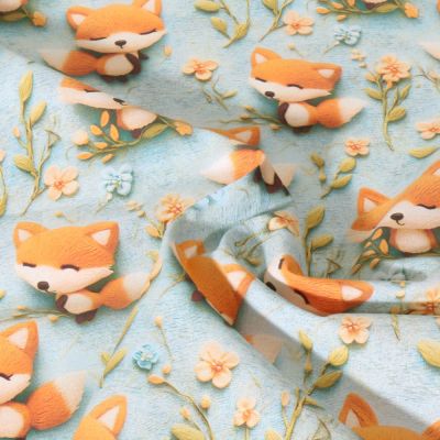 Tissu Coton imprimé digital Happy animaux sur fond Bleu pastel - Par 10 cm