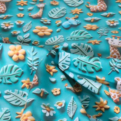 Tissu Coton imprimé digital Jungle Douce animaux sur fond Bleu turquoise - Par 10 cm