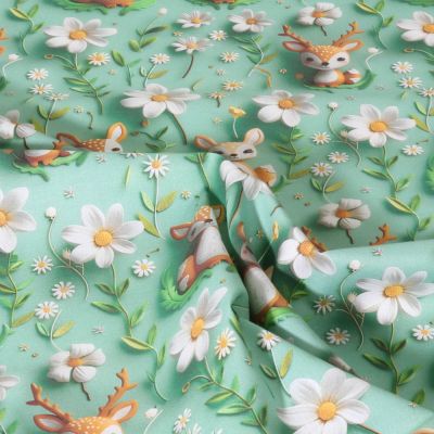 Tissu Coton imprimé digital Happy animaux sur fond Vert amande - Par 10 cm