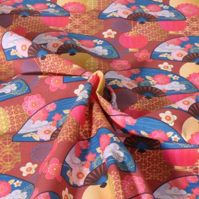 Tissu Coton imprimé Kyoto Festif Fleuris sur fond Bordeaux - Par 10 cm