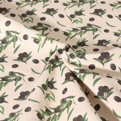 Tissu Toile de Coton aspect Lin Olives sur fond Naturel - Par 10 cm