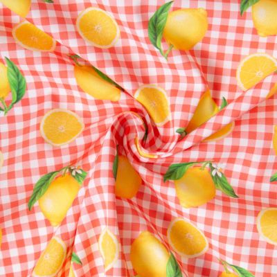 Tissu Coton imprimé Carreaux et citrons, oranges jaunes sur fond Blanc - Par 10 cm