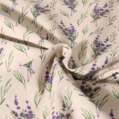 Tissu Toile de Coton aspect Lin Lavande sur fond Naturel - Par 10 cm