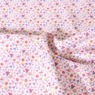 Tissu Popeline de Coton légère Fleuris bleu et jaune sur fond Blanc - Par 10 cm