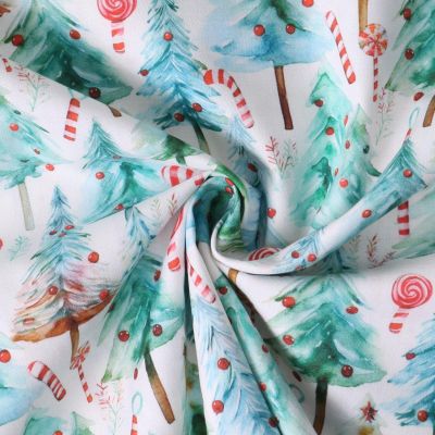 Tissu Coton imprimé  Isalya forêt sucrée Verte sur fond Blanc - Par 10 cm