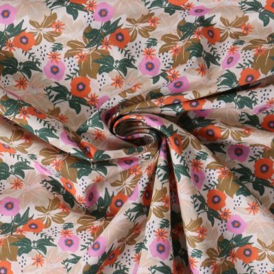 Tissu Voile de Coton fleurs Calista sur fond Beige - Par 10 cm