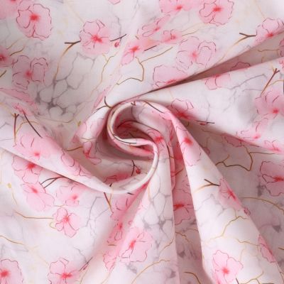 Tissu Coton imprimé  Marbre et fleurs rose sur fond Blanc - Par 10 cm
