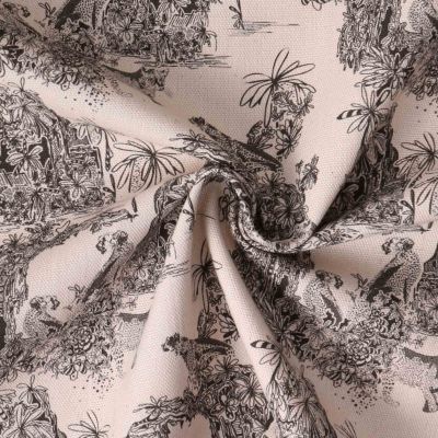 Tissu Toile de Coton aspect lin Jungle black&amp;white sur fond Naturel - Par 10 cm