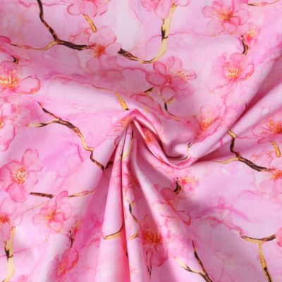 Tissu Coton imprimé  Hanarose fleurs de cerisier Rose vif sur fond Rose clair - Par 10 cm