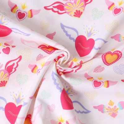 Tissu Coton imprimé  Alya cœurs Fuchsia sur fond Rose clair - Par 10 cm