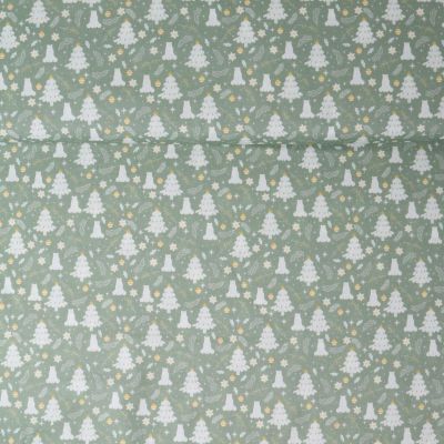 Tissu Coton imprimé Lilwenn forêt enneigée sur fond Vert d&#039;eau - Par 10 cm