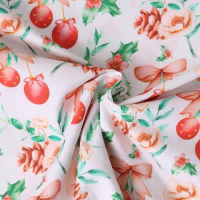 Tissu Coton imprimé Nélya décorations de Noël Rouges sur fond Blanc - Par 10 cm