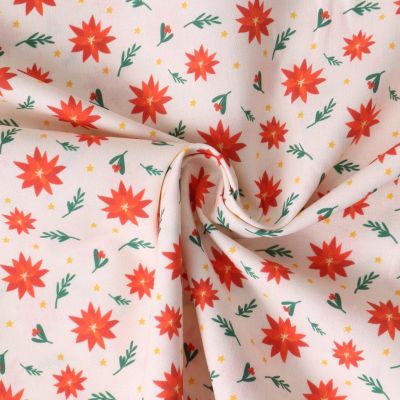 Tissu Coton imprimé Flora fleurs de poinsettia Rouges sur fond Blanc cassé - Par 10 cm