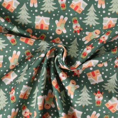 Tissu Coton imprimé  Elwin pain d&#039;épices sur fond Vert épicéa - Par 10 cm