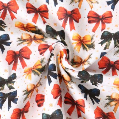 Tissu Coton imprimé Velmira nœuds décoratifs de Noël sur fond Blanc - Par 10 cm
