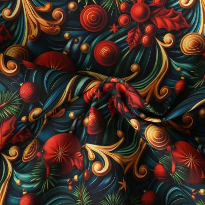 Tissu Coton imprimé Saphira boules de Noël Rouges sur fond Bleu nuit - Par 10 cm