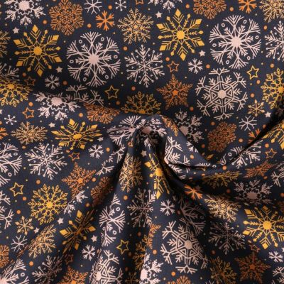 Tissu Coton imprimé Aurélia flocons de neige sur fond Bleu marine - Par 10 cm