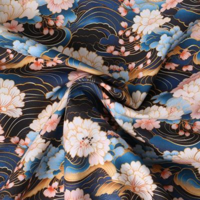 Tissu Coton imprimé  Amehana fleurs Roses pâle sur fond Noir - Par 10 cm