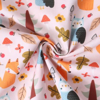 Tissu Coton imprimé  Boisjoli renards et hiboux sur fond Rose clair - Par 10 cm