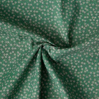 Tissu Voile de Coton digital imprimé marguerites miniatures blanches sur fond Vert sapin - Par 10 cm