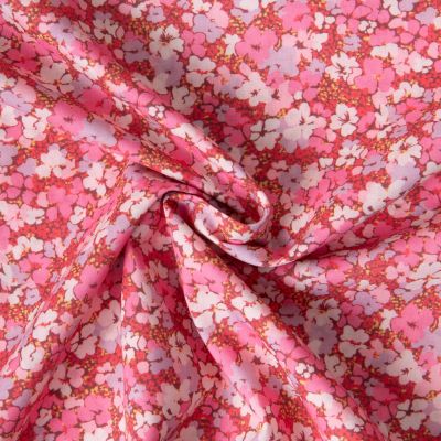 Tissu Popeline de Coton légère imprimé Inès floral décoratif rétro sur fond Framboise - Par 10 cm