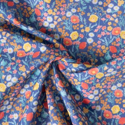 Tissu Popeline de Coton légère Rétro sur fond Bleu indigo - Par 10 cm