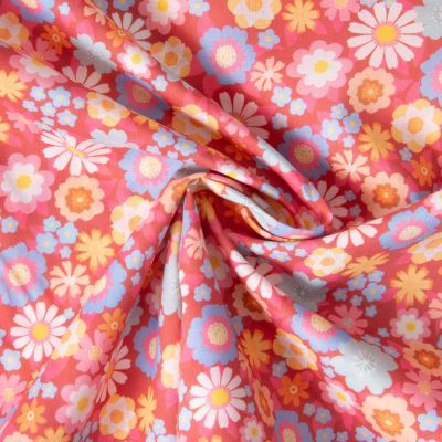 Tissu Popeline de Coton légère Paloma floral rétro sur fond Corail - Par 10 cm