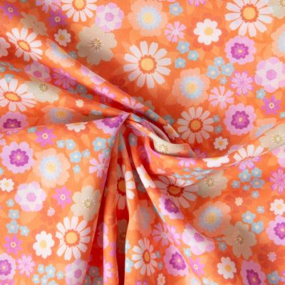Tissu Voile de Coton digital imprimé Flower power sur fond Orange - Par 10 cm